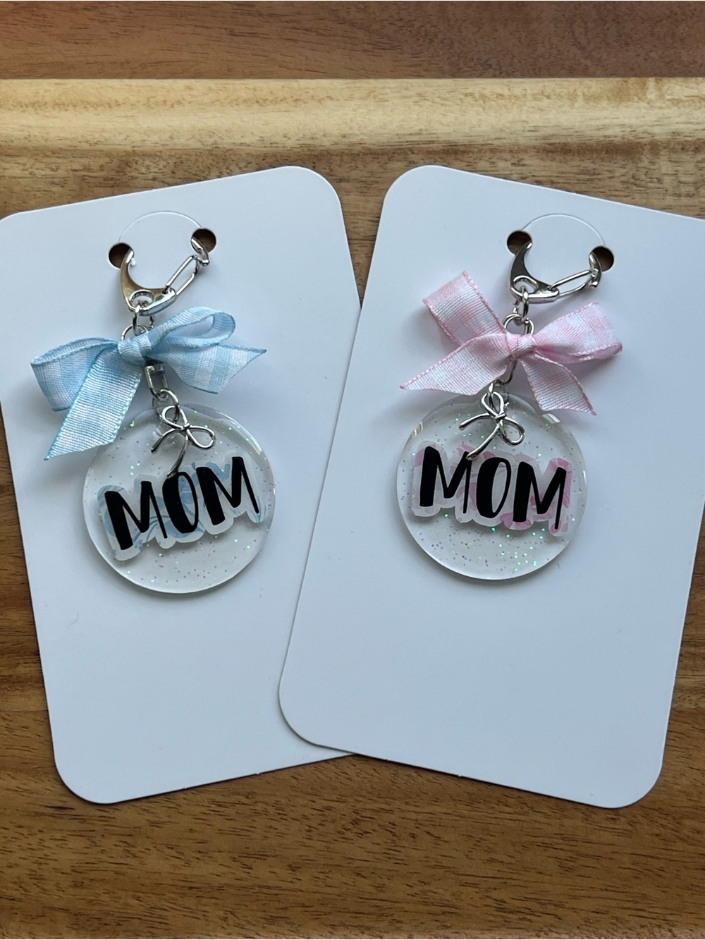 MOM Acrylic Keychain with Pink or Blue Ribbon Bow